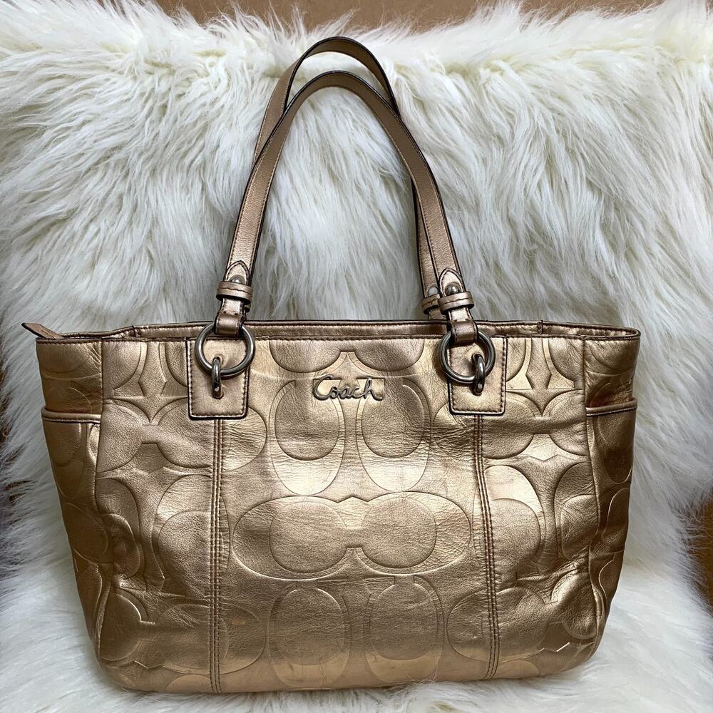 COACH Metallic GOLD Signature-Embossed Logo Esat West Gallery Tote F17730